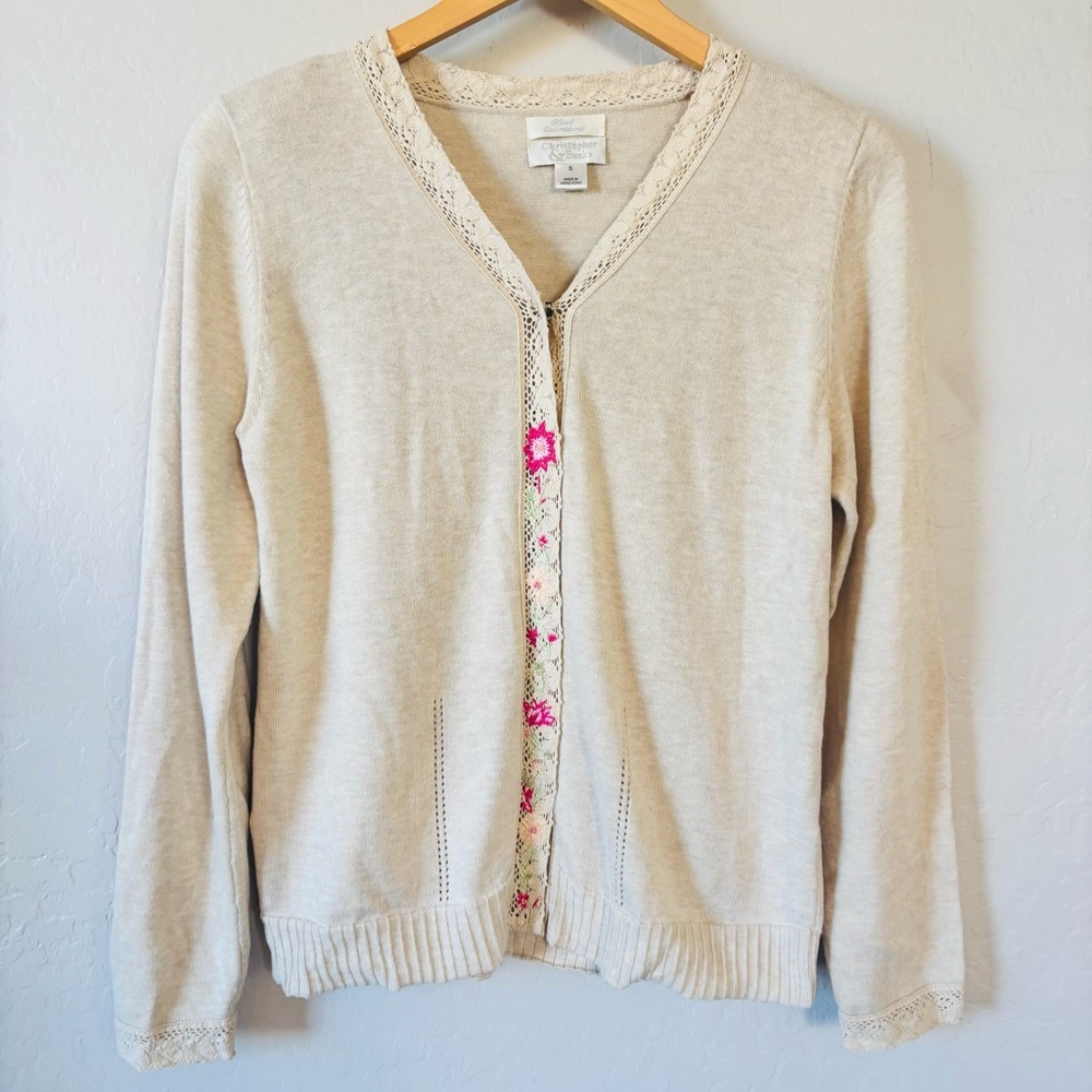 Vintage Christopher & Banks embroidered cardigan size S dainty preppy - Picture 3 of 9